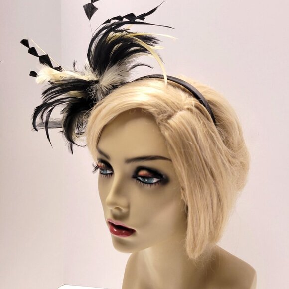 Black and Cream Feathers Fascinator on a Headband - Picture 2 of 14